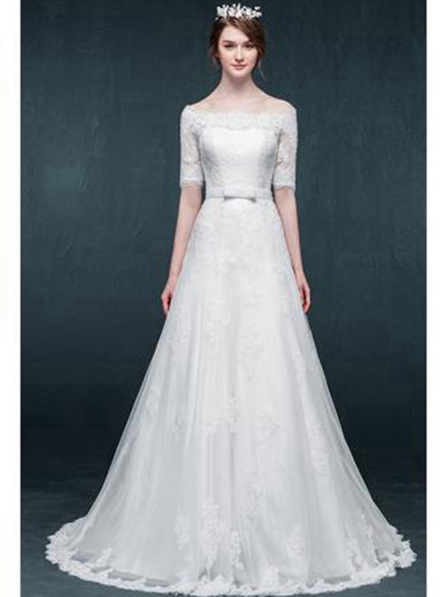 A-line Off Shoulder Lace Sleeves Wedding Wear