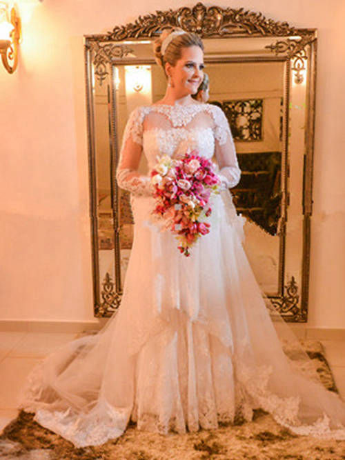 A-line Sheer Organza Lace Sleeves Plus Size Wedding Dress
