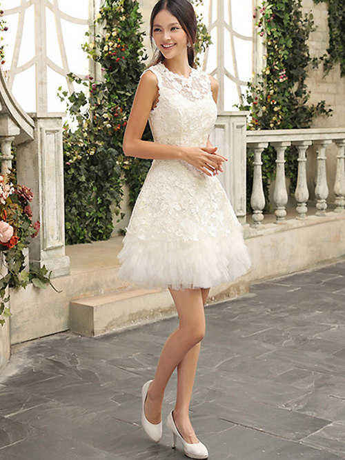 A-line Jewel Lace Tulle Short Wedding Dress