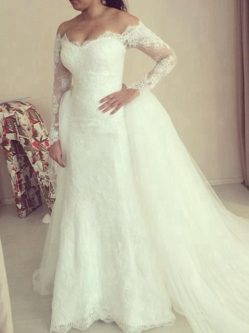 A-line Off Shoulder Lace Sleeves Tulle Wedding Garment