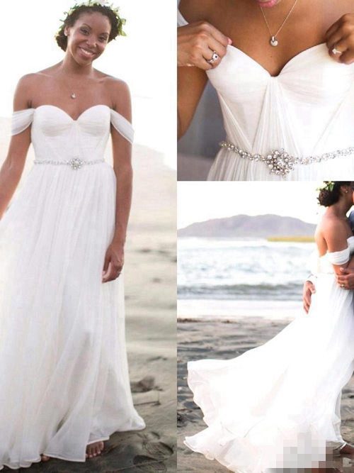 A-line Off Shoulder Chiffon Beach Bridal Gown Beads