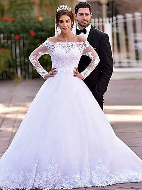 A-line Off Shoulder Tulle Lace Sleeves Bridal Wear