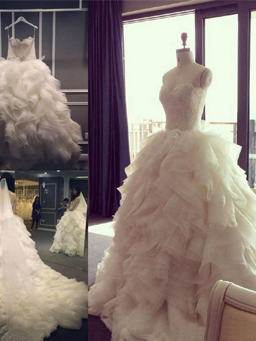 A-line Sweetheart Lace Organza Wedding Dress Frills