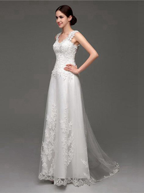 A-line V Neck Lace Beach Wedding Gown