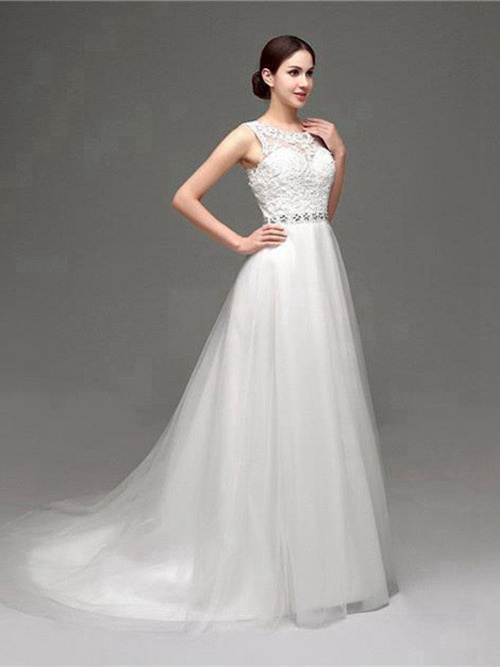 A-line Scoop Tulle Lace Bridal Wear Beads