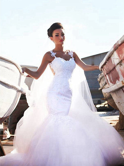 Mermaid Straps Tulle Lace Beach Wedding Dress