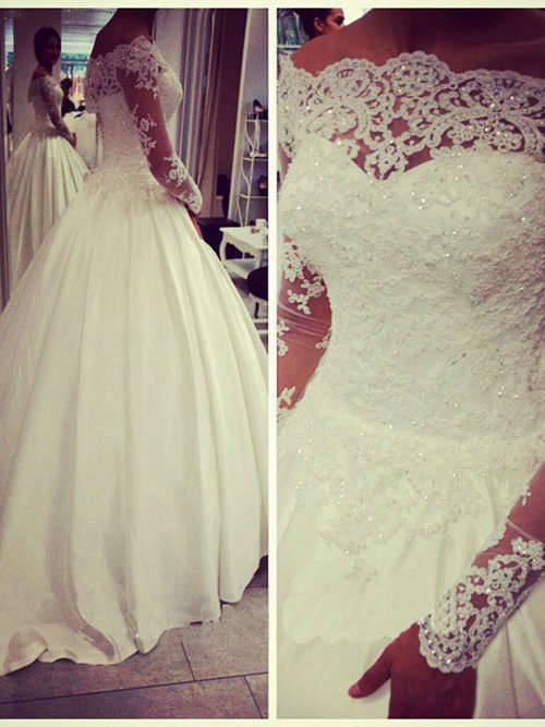 A-line Off Shoulder Lace Sleeves Satin Bridal Garment