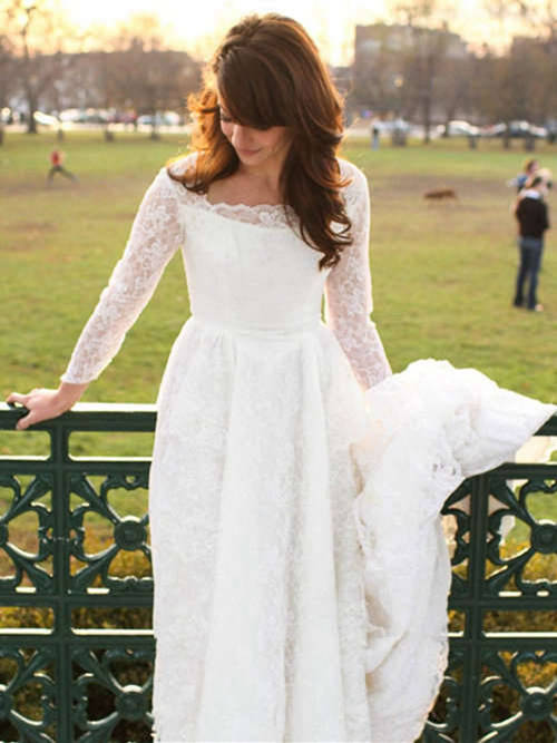 Colum Square Lace Sleeves Beach Wedding Dress