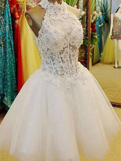 Princess High Neck Knee Length Organza Wedding Dress Applique