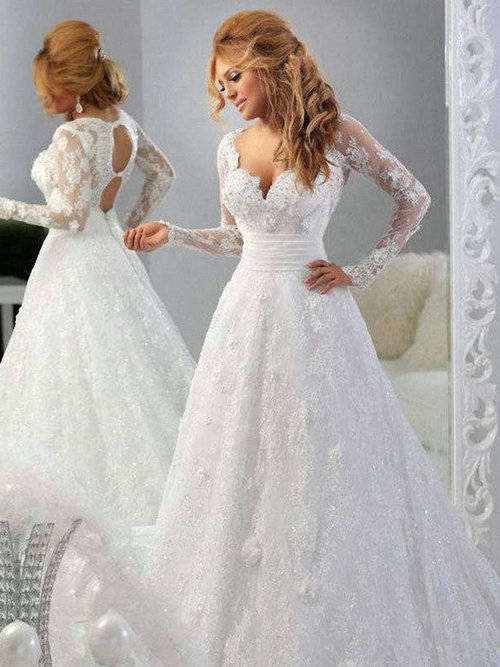 A-line V Neck Lace Sleeves Wedding Gown