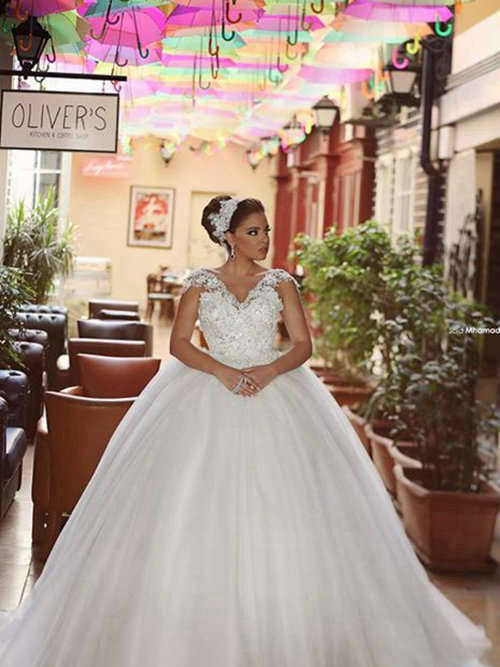 Ball Gown V Neck Lace Organza Bridal Wear