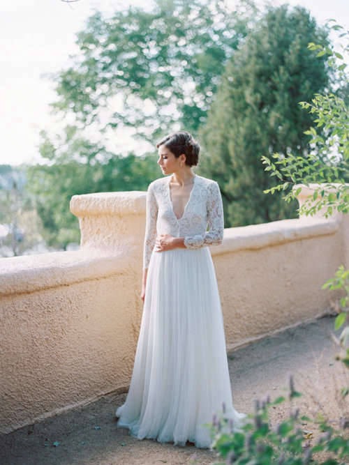 A-line V Neck Lace Sleeves Tulle Wedding Dress