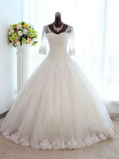 Ball Gown Sweetheart Lace Sleeves Wedding Wear Beads