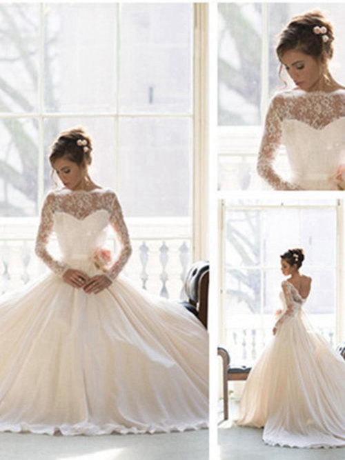 Ball Gown Sheer Lace Sleeves Wedding Wear