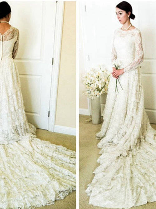 A-line Sheer Lace Sleeves Wedding Dress