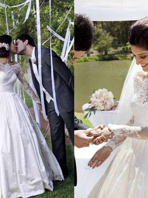 A-line Off Shoulder Satin Lace Sleeves Bridal Wear