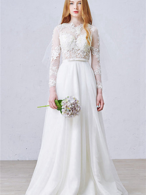 A-line Sheer Lace Sleeves Chiffon Wedding Wear
