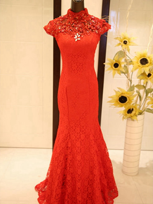 Mermaid High Neck Lace Red Bridal Wear