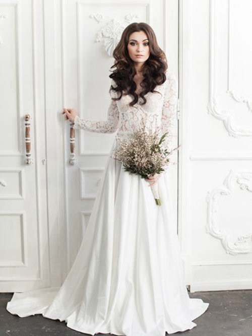 A-line V Neck Lace Sleeves Chiffon Wedding Gown