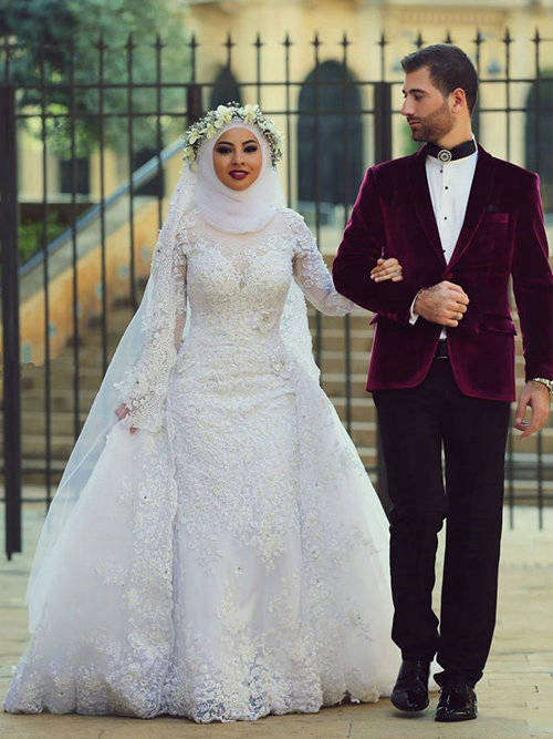 Mermaid Sheer Lace Sleeves Arabic Wedding Dress