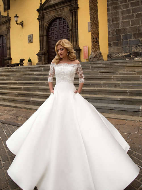 A-line Off Shoulder Satin Lace Sleeves Wedding Gown