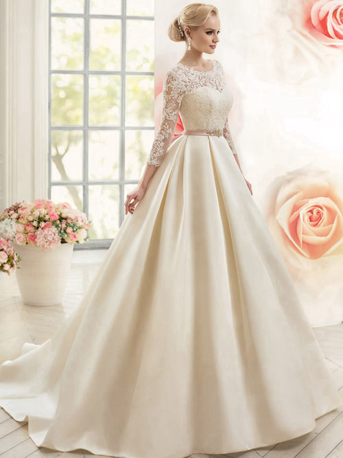 A-line Scoop Satin Lace Sleeves Wedding Dress