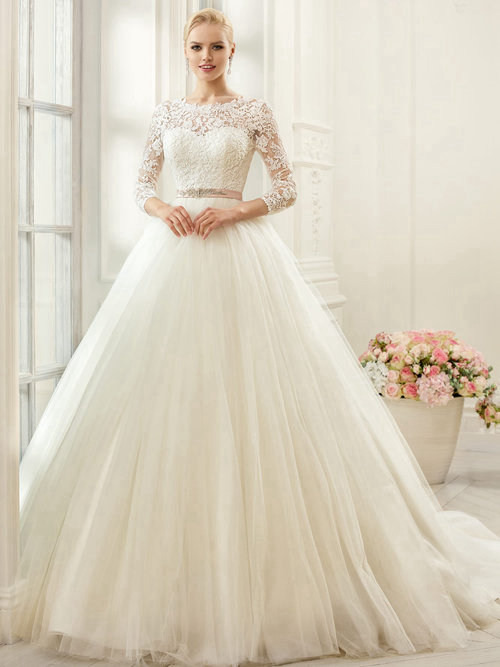 A-line Scoop Lace Sleeves Tulle Wedding Wear Beads