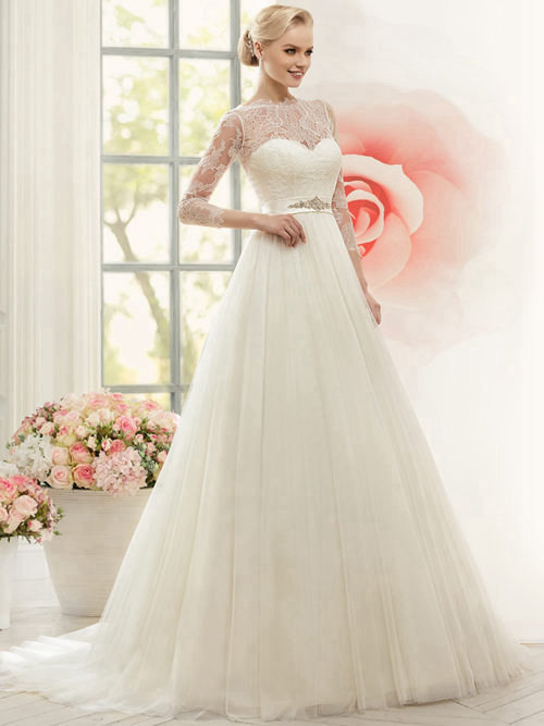 A-line Sheer Lace Sleeves Tulle Wedding Dress Beads