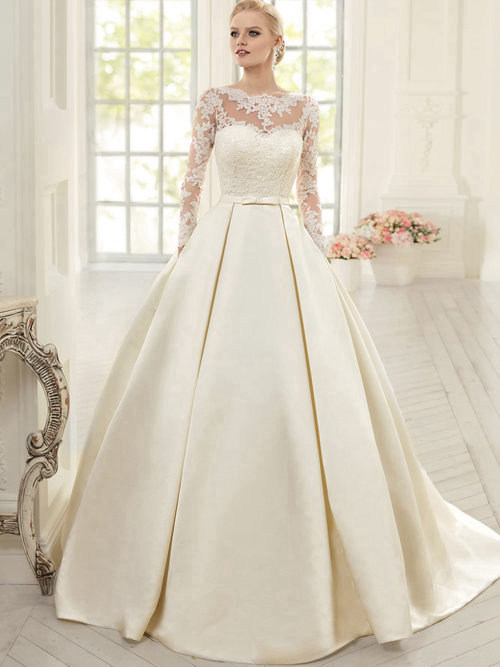 A-line Sheer Lace Sleeves Satin Bridal Garment