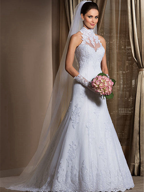 Trumpet High Neck Lace Wedding Gown
