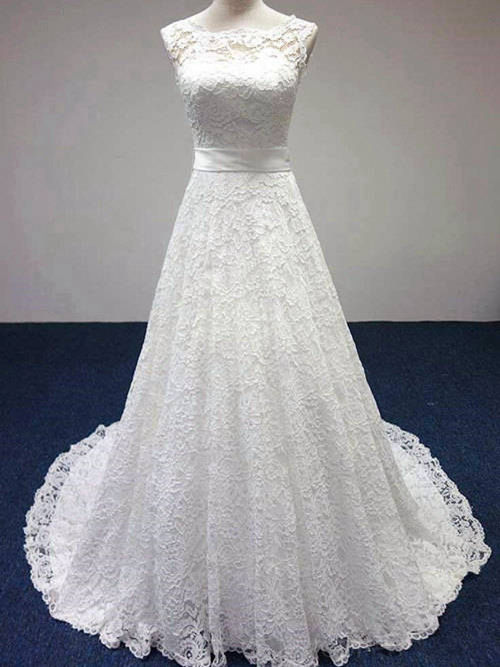 A-line Bateau Lace Bridal Wear