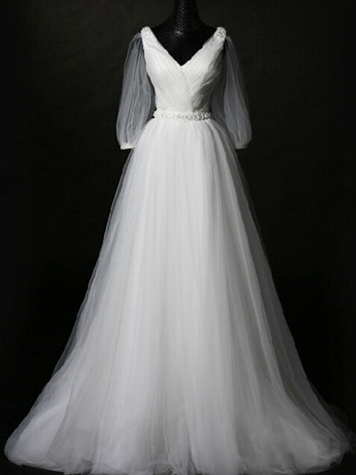 A-line V Neck Tulle Sleeves Bridal Wear Beads