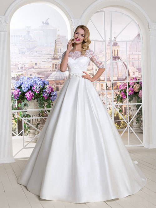 A-line Sheer Lace Sleeves Satin Bridal Wear Bowknot