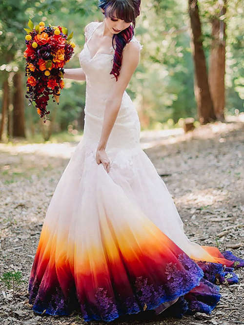 Mermaid Straps Colorful Wedding Dress Applique