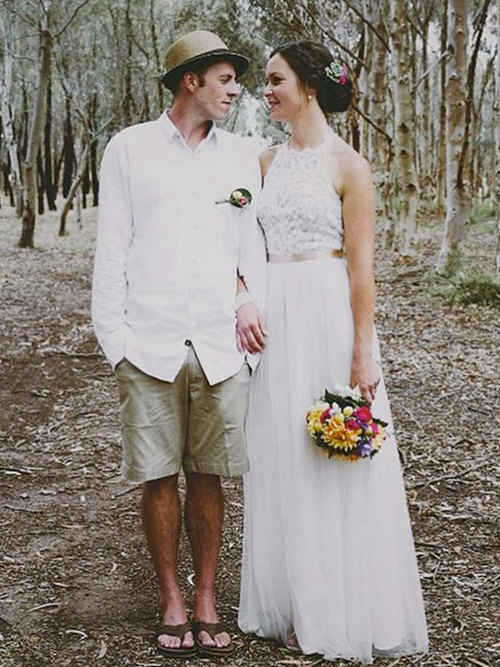 A-line Halter Floor Length Tulle Lace Bridal Wear