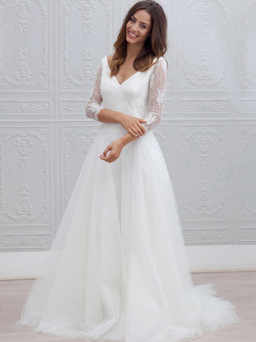 A-line V Neck Tulle Lace Sleeves Wedding Wear