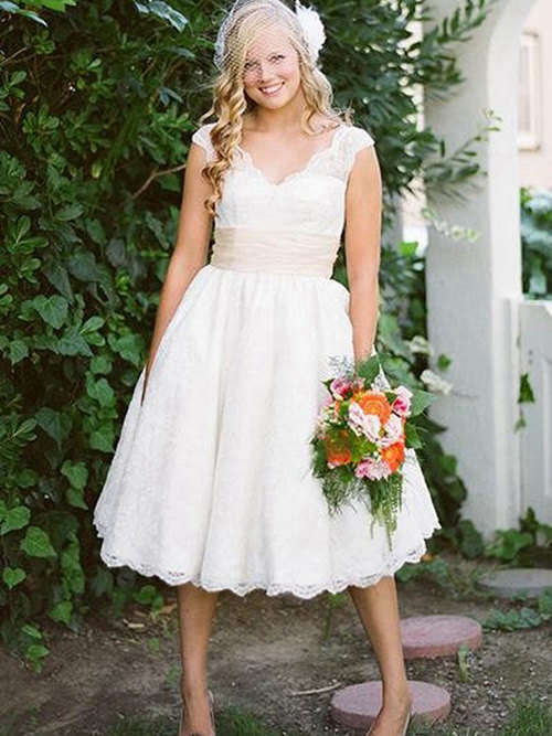 Princess V Neck Tea Length Lace Wedding Dress