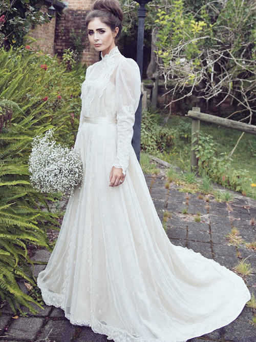 A-line High Neck Chiffon Sleeves Lace Wedding Dress