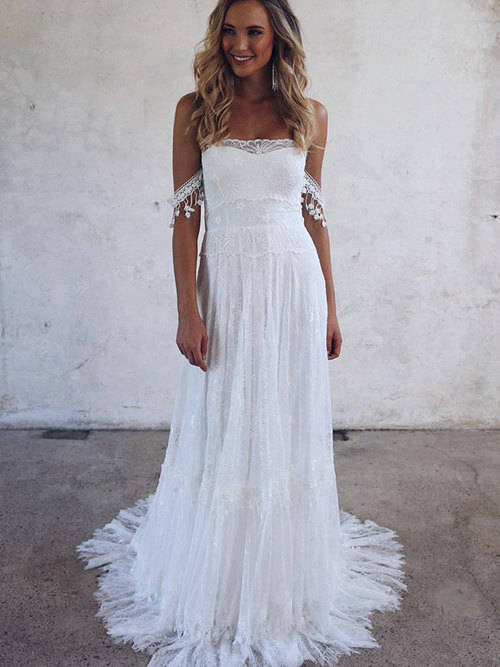 A-line Off Shoulder Lace Beach Bridal Wear