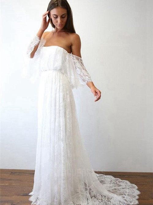 A-line Off Shoulder Lace Boho Bridal Wear