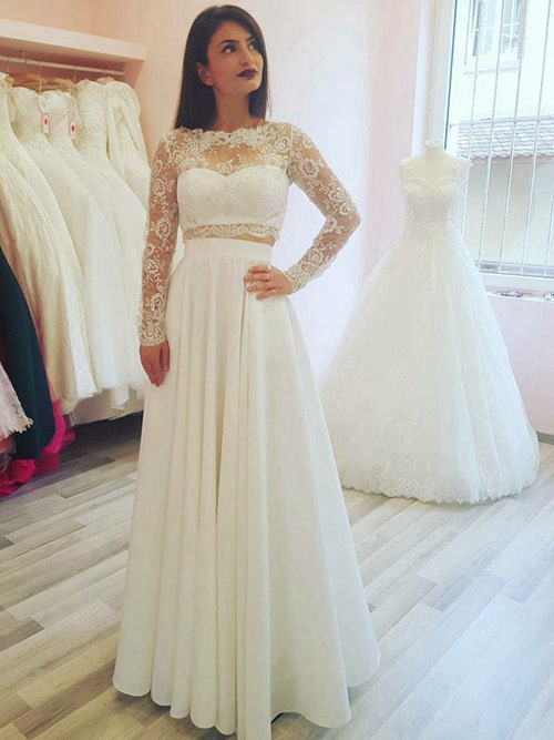 A-line Sheer Lace Sleeves Chiffon 2 Piece Wedding Wear