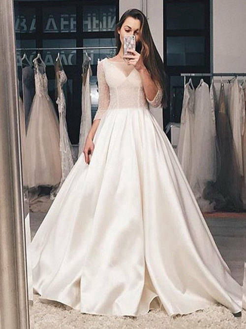 A-line Sheer Satin Sleeves Bridal Wear