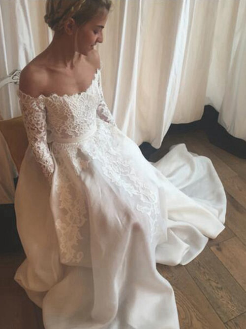 A-line Off Shoulder Lace Sleeves Wedding Dress