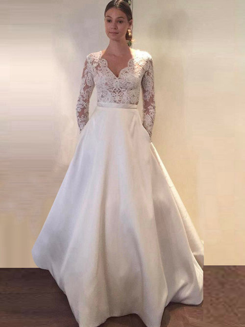 A-line V Neck Lace Sleeves Satin Bridal Garment