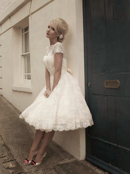 Princess Knee Length Lace Sleeves Bridal Dress