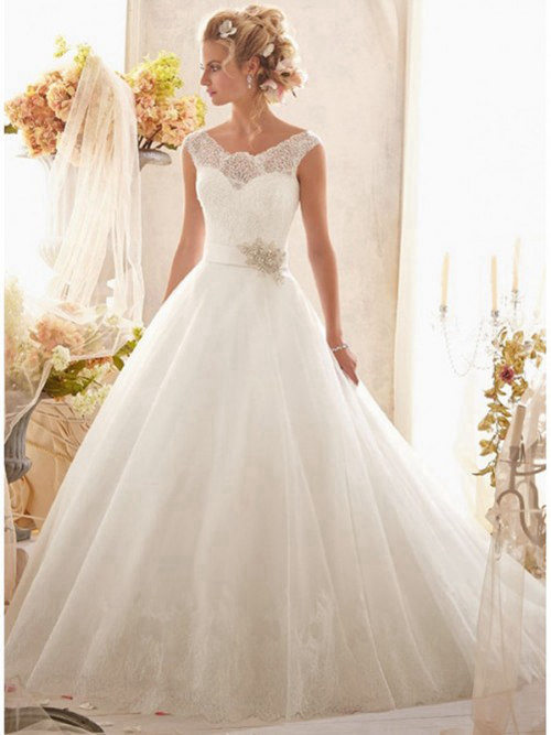 A-line V Neck Lace Tulle Wedding Gown Beads