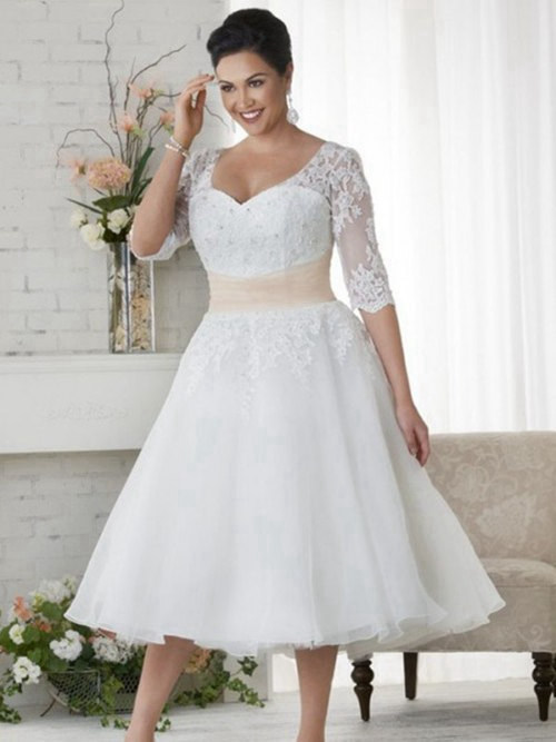 Princess Tea Length Lace Sleeves Plus Size Bridal Dress