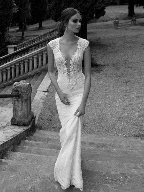 Sheath V Neck Lace Vintage Wedding Dress