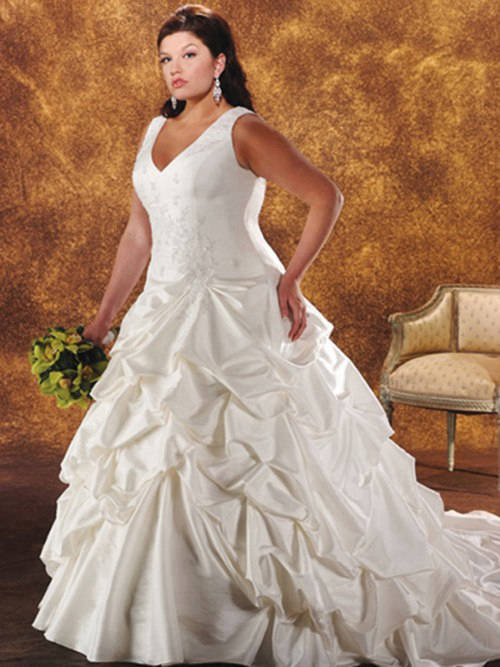 A-line V Neck Satin Plus Size Wedding Gown Ruffles