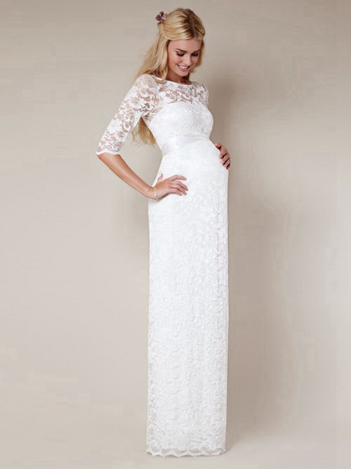 Column Sheer Lace Sleeves Maternity Wedding Dress